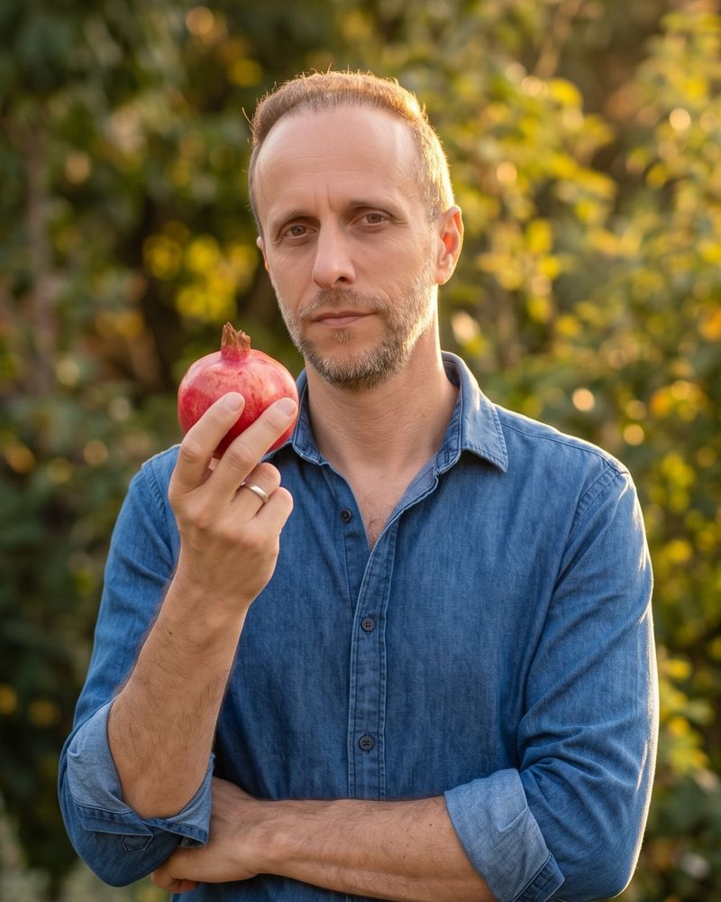 צביקה ראובן, נטורופת, עם רימון ביד על רקע עצים