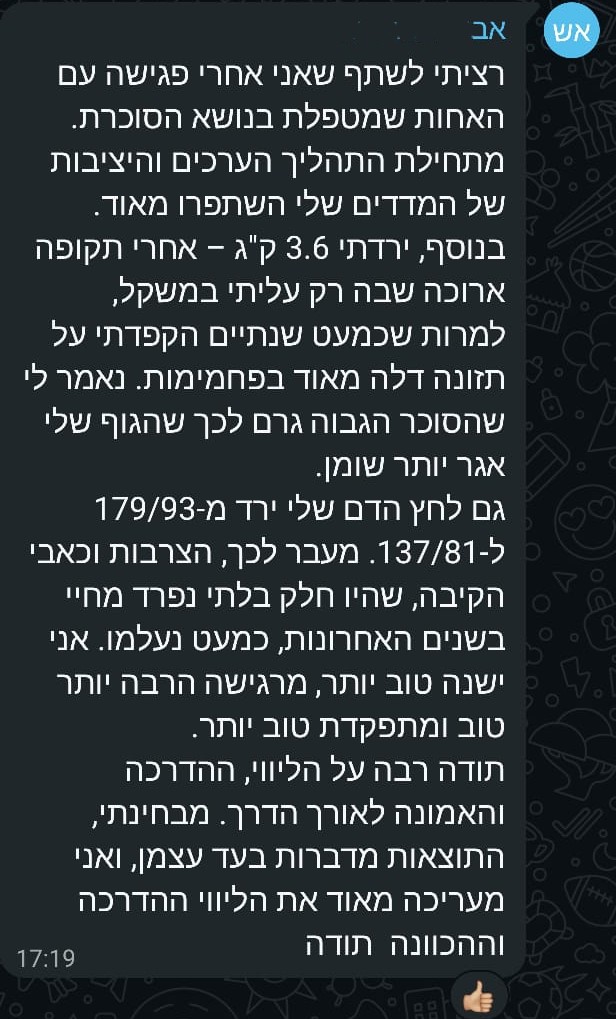 הודעת ווטסאפ מבוגרת הקורס: ירידה של 3.6 קילו ולחץ דם שירד מ-179/93 ל-137/81, פחות צרבות ושינה טובה יותר