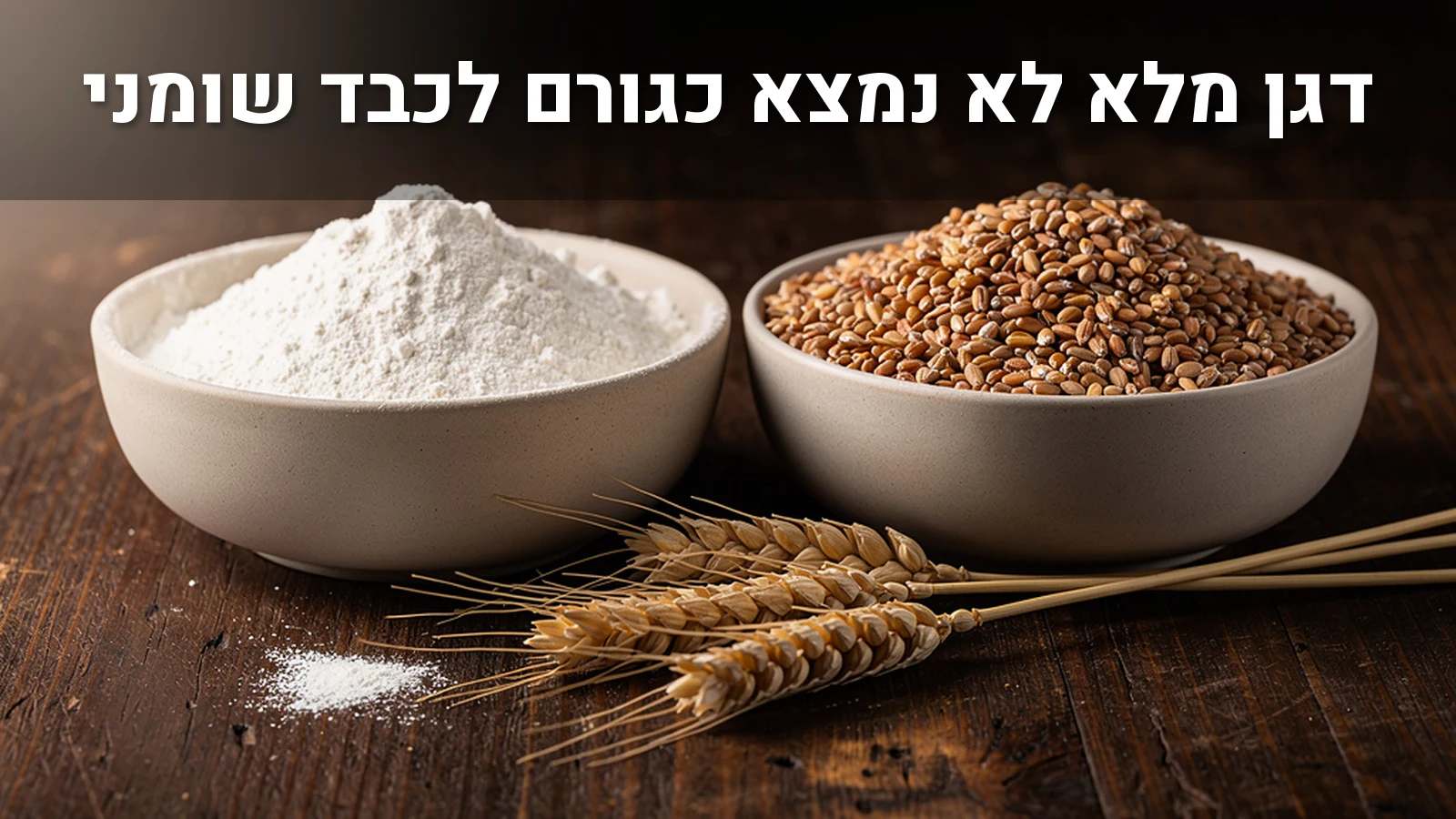 שתי קערות זו לצד זו: קמח לבן וגרגירי חיטה מלאה, על שולחן עץ כהה
