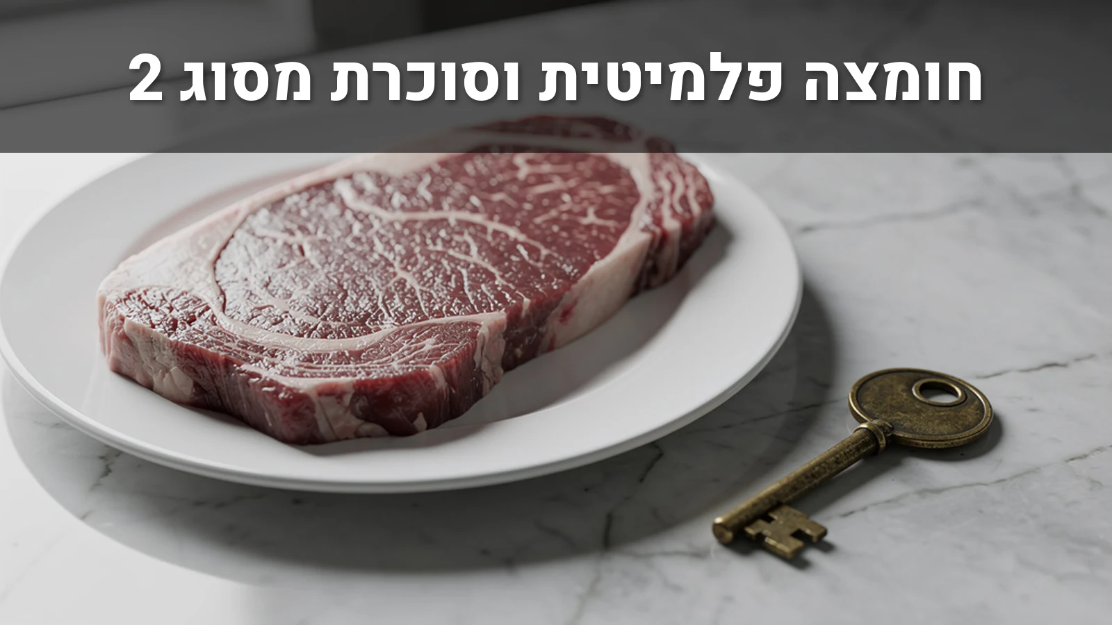 סטייק בקר משויש נא על צלחת לבנה, לצידו מפתח פליז קטן, על משטח שיש