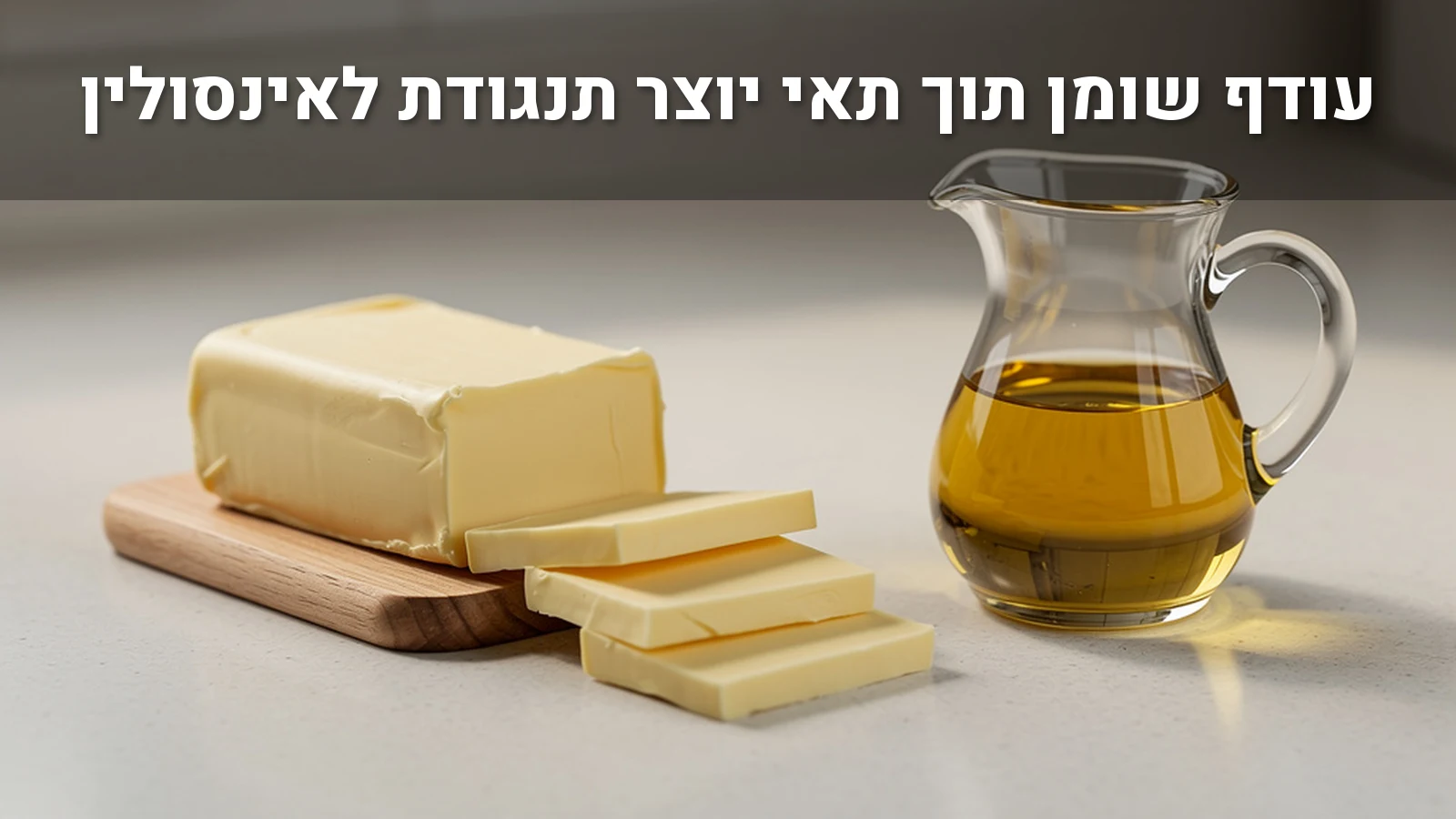 קוביית חמאה, פרוסות גבינה צהובה וכד קטן של שמן על משטח מטבח