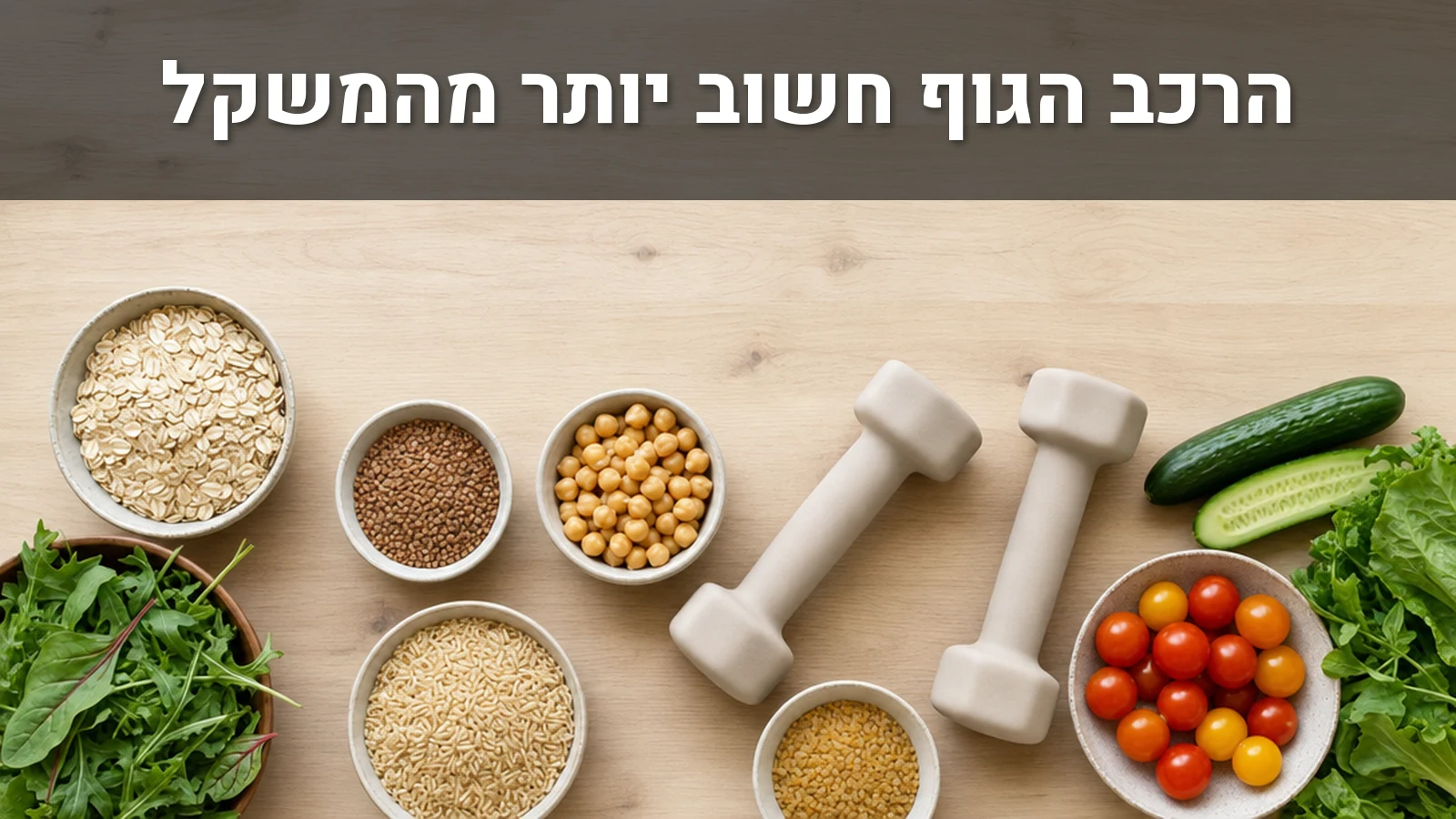 קערות דגנים מלאים, חומוס וירקות טריים לצד זוג משקולות יד קלות על משטח עץ בהיר