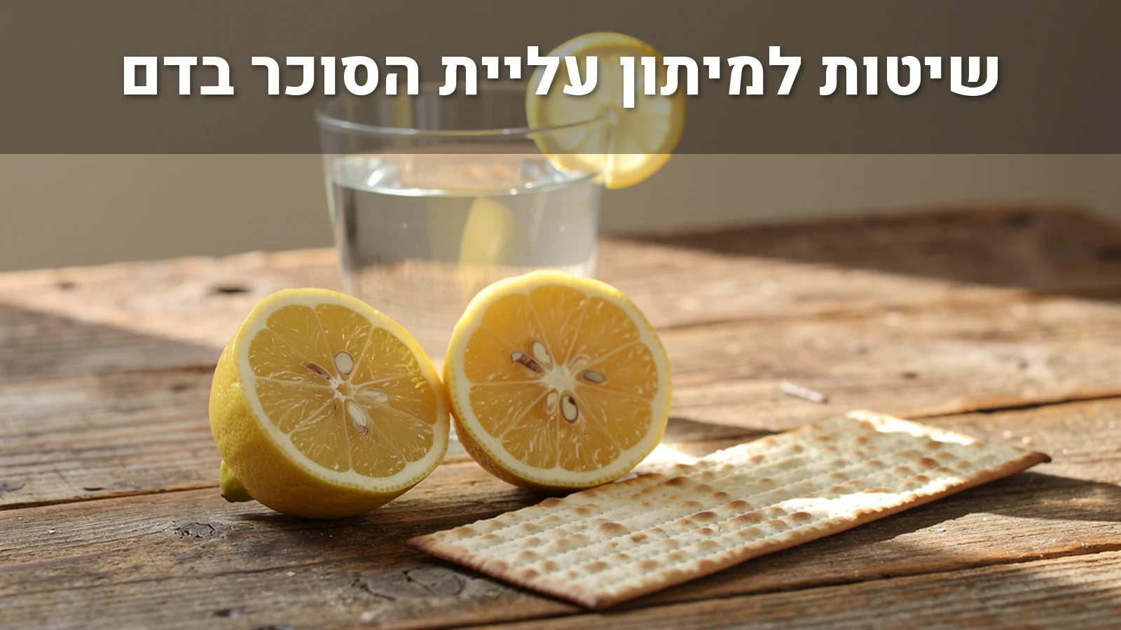 חצאי לימון וכוס מים עם פרוסת לימון על שולחן עץ, לצד מצה