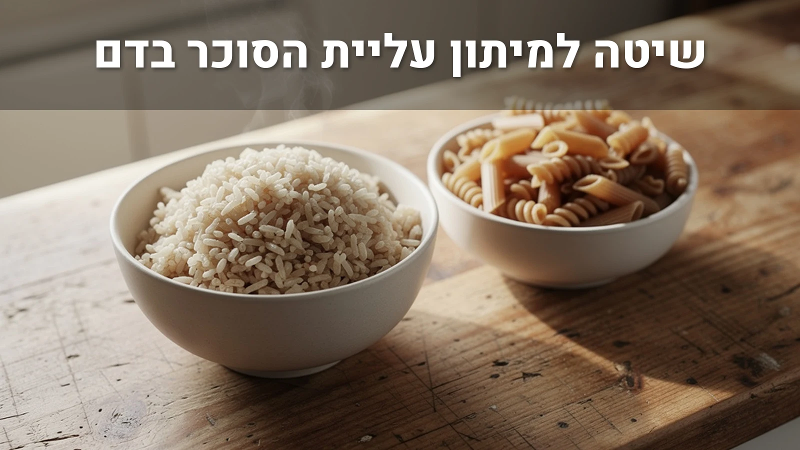 קערת קרמיקה עם אורז מלא מבושל ופסטה מדגן מלא על משטח מטבח מעץ