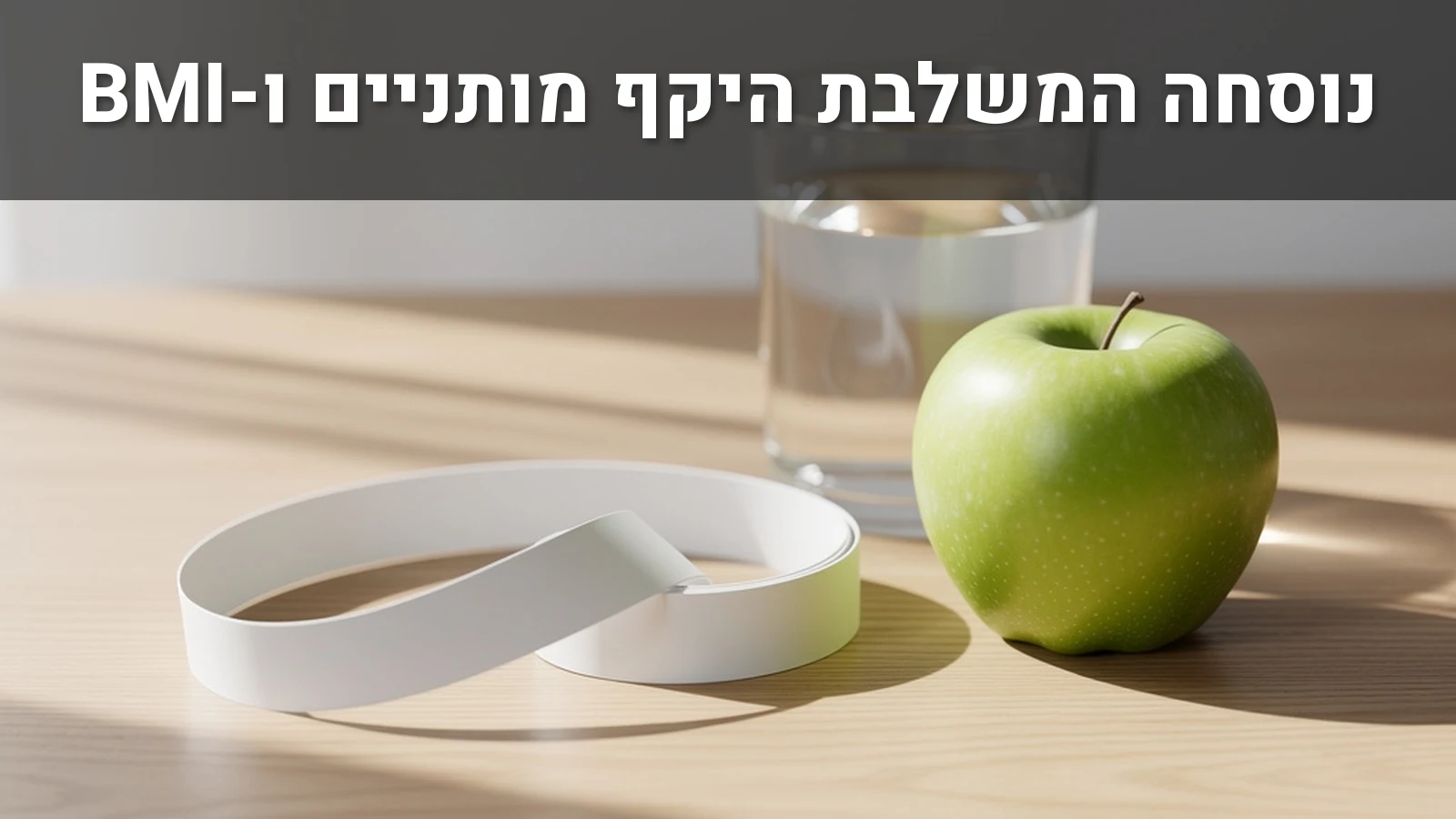 סרט מדידה גמיש מגולגל ליד תפוח ירוק וכוס מים על משטח עץ בהיר